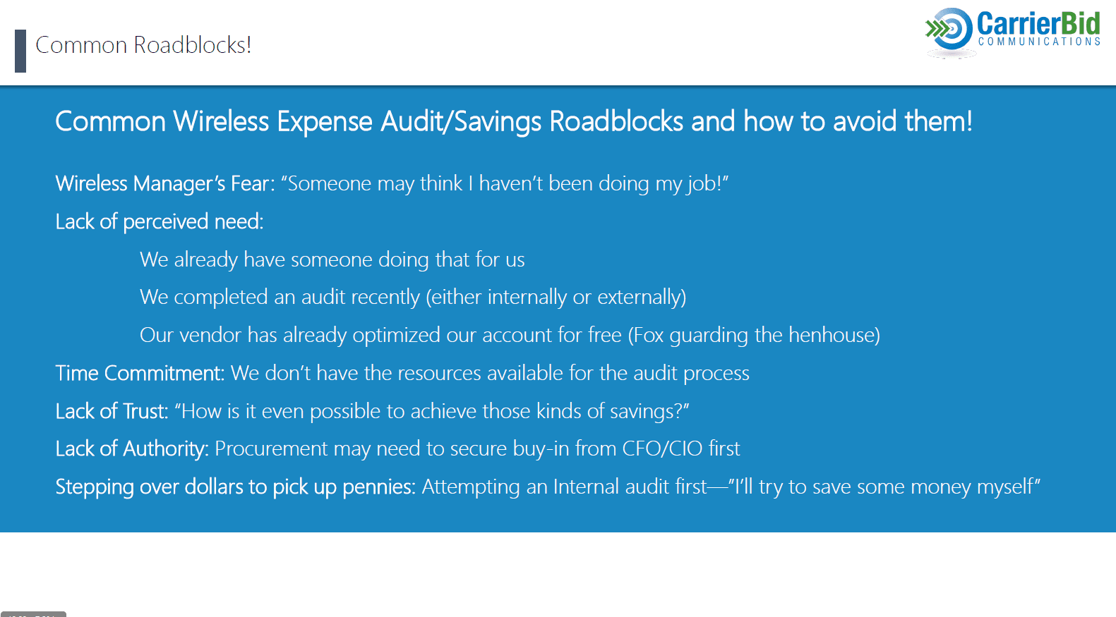 Common Wireless Expense Audit/Savings Roadblocks and how to avoid them! 